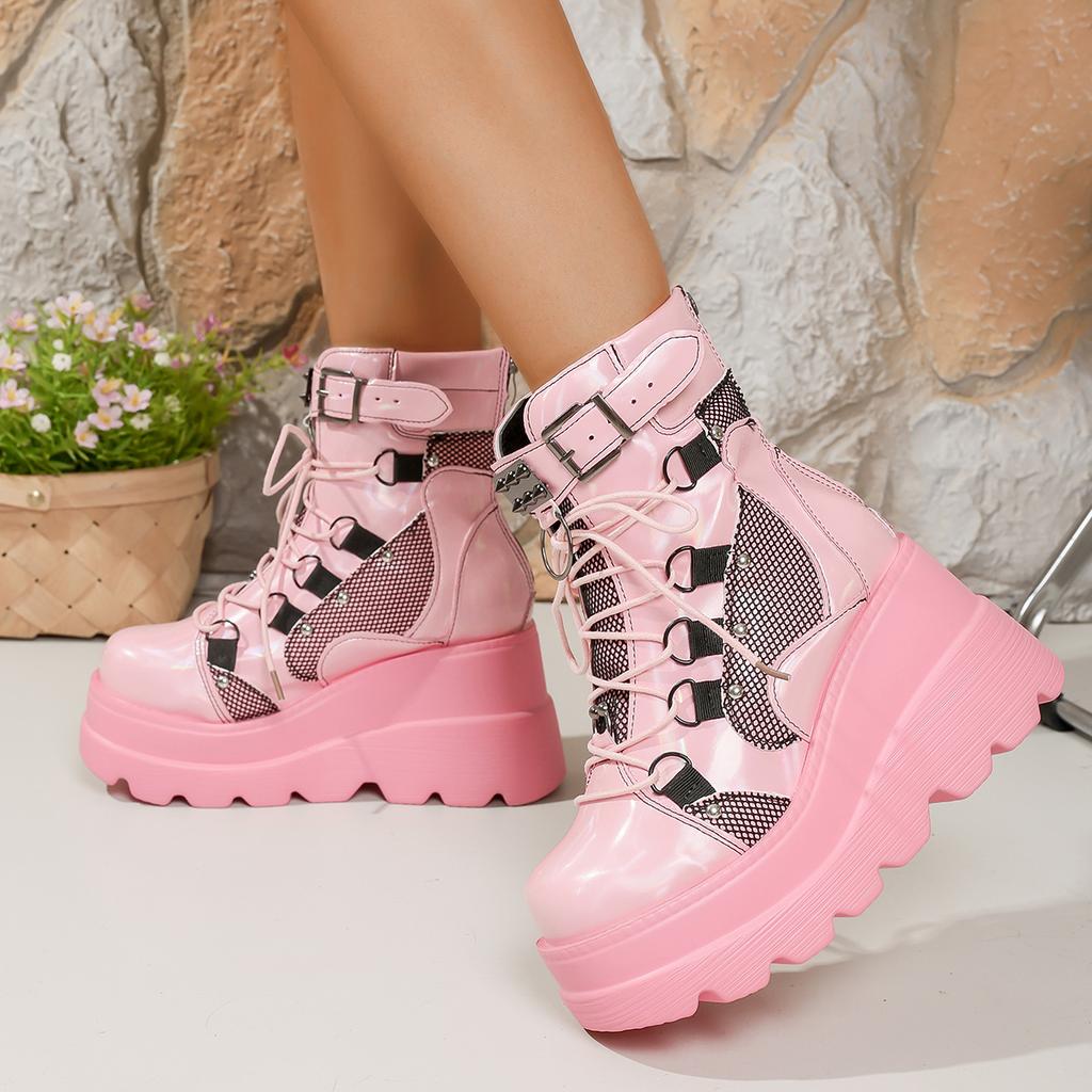 2025 Neue Damen Keilabsatz Stiefeletten Schnalle Schnürung Reißverschluss Kleiderstiefel Winter Outdoor Designer Schuhe Damen Zapatos De Mujer