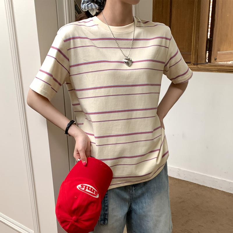Retro Round Neck Striped Short-sleeved T-shirt for Women In Summer New Design Niche Loose Casual Top for Women