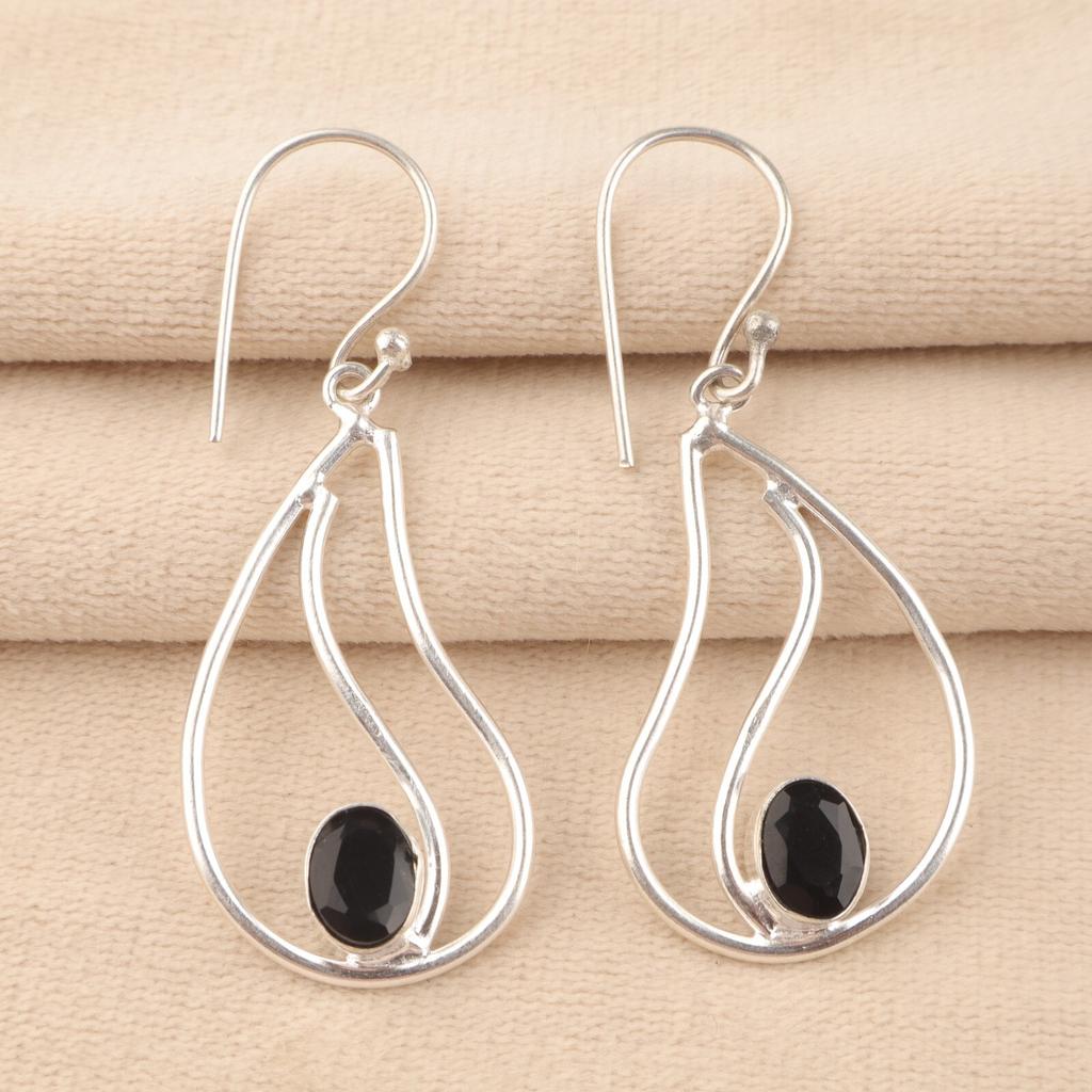 Oval Root Chakra Black Onyx Stone Dangling Earrings Jewelry 925 Sterling Silver EE-139-9