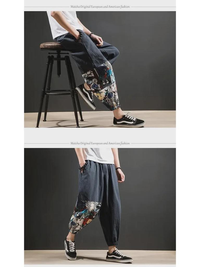 Pánské volné lněné kalhoty v čínském stylu - letní trendy, plus size, devítibodová délka