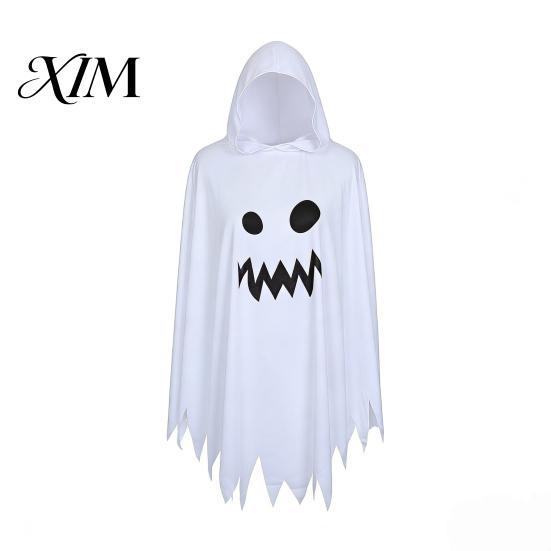 Comfortable Trick Or Treat Gear Halloween Ghost Cloak with Hood, Loose Fit Irregular Hem Costume Family Dress Up for Cosplay Party, White Spooky