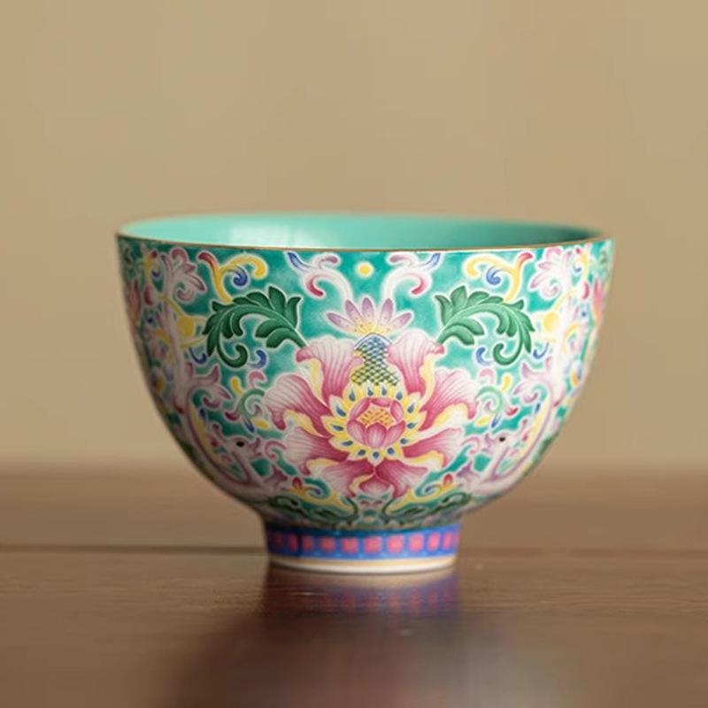 Retro Large Turquoise Green Enamel Master Cup, Single Kung Fu Tasting Cup, Unique Heart‑Shaped Ceramic Tea Bowl for Tea Ceremony