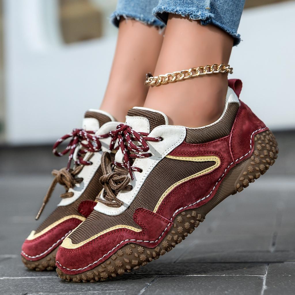 Women's Shoes Outdoor Breathable Mesh Flat Bottom Light Shock-absorbing Tennis Sneaker Autumn Top Layer Leather Sports Shoes