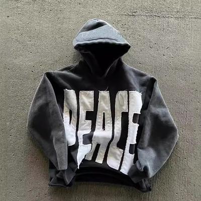 Unisex Pullover Hoodie 3D Patch Letter Print Long Sleeve Streetwear Loose Casual Hooded Sweatshirt