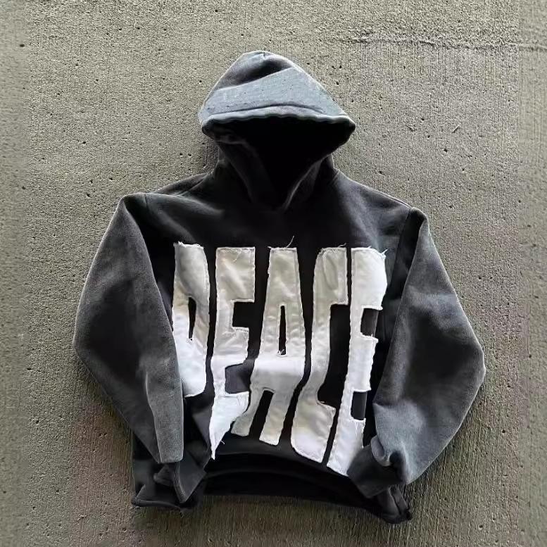 Unisex Pullover Hoodie 3D Patch Letter Print Long Sleeve Streetwear Loose Casual Hooded Sweatshirt