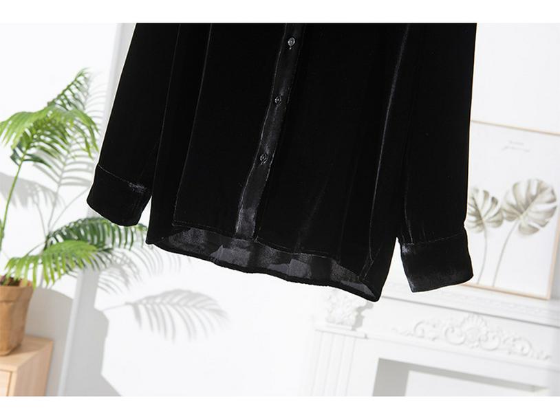 Women's Retro Black Silk Velvet Shirt - Mid-length, Loose-Fit, Perfect for Spring Commutes.