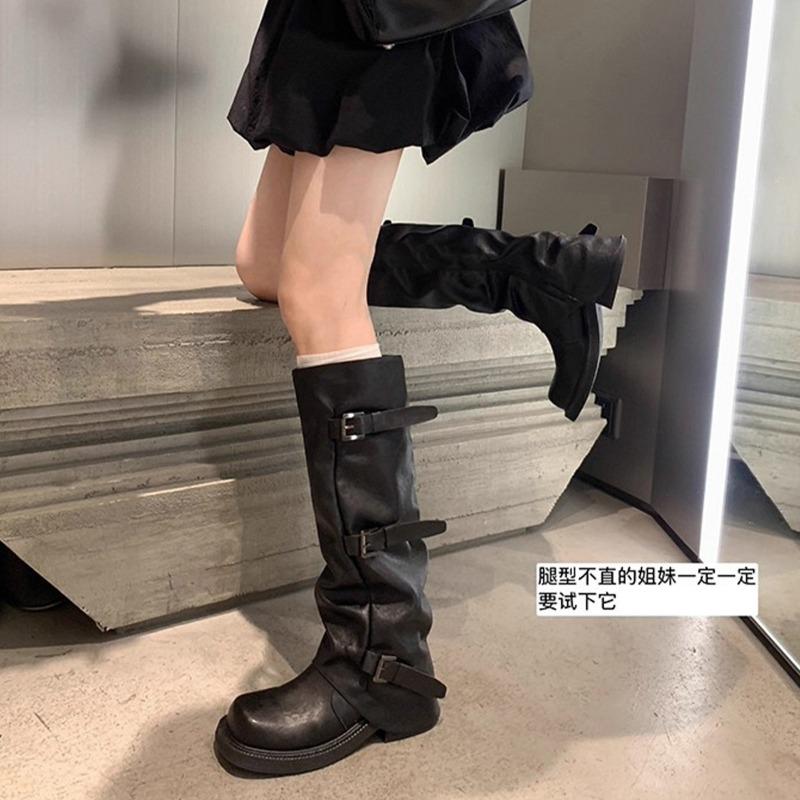 Cowhide version belt buckle Martin boots female knight leather boots thick-soled wasteland wind boots western cowboy boots