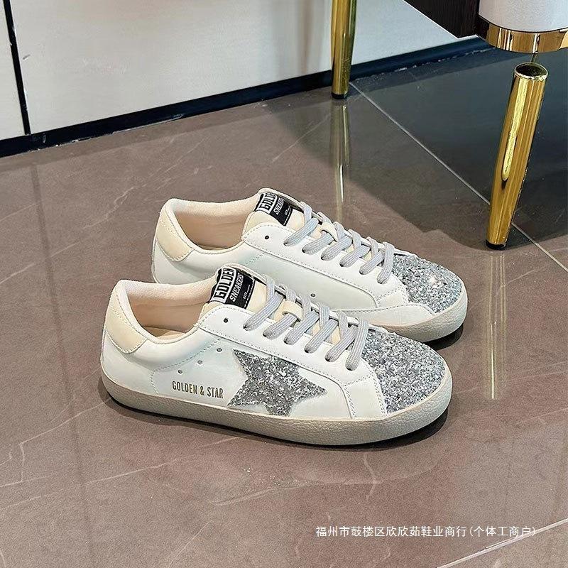 Spring  new  Leather flash diamond star shoes women's  mint mambo retro color matching wear casual Internet celebrity board shoes