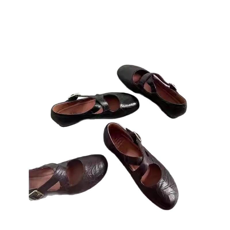Soft Leather Round Head Cross Strap Ballet Single Shoes French Flats Black Small Leather Shoes Retro Mary Jane Shoes Women's