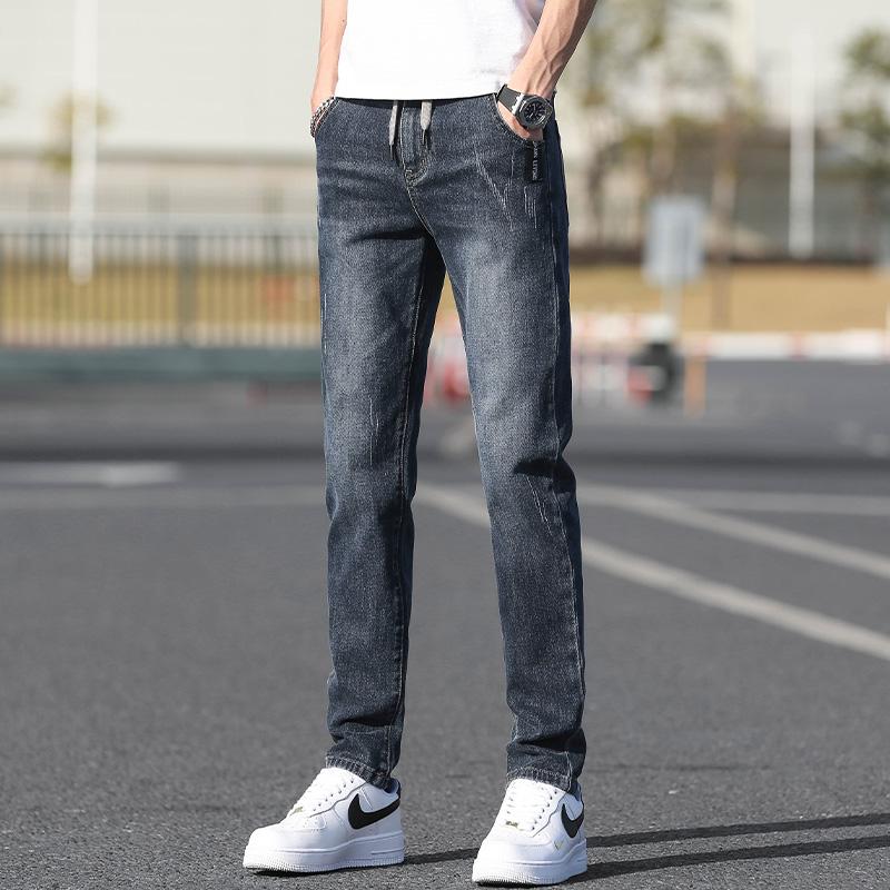 Men's Slim Straight Jeans Elastic Waist Drawstring Trendy Skinny Pants Stretchy Fashionable Durable Long Pants