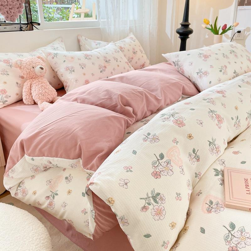Small Fresh Mattress Quilt Cover Class A Maternal And Infant Grade Cartoon Dormitory Bed Sheet Three-Piece Set Super Soft Washed Cotton 4Pcs Set