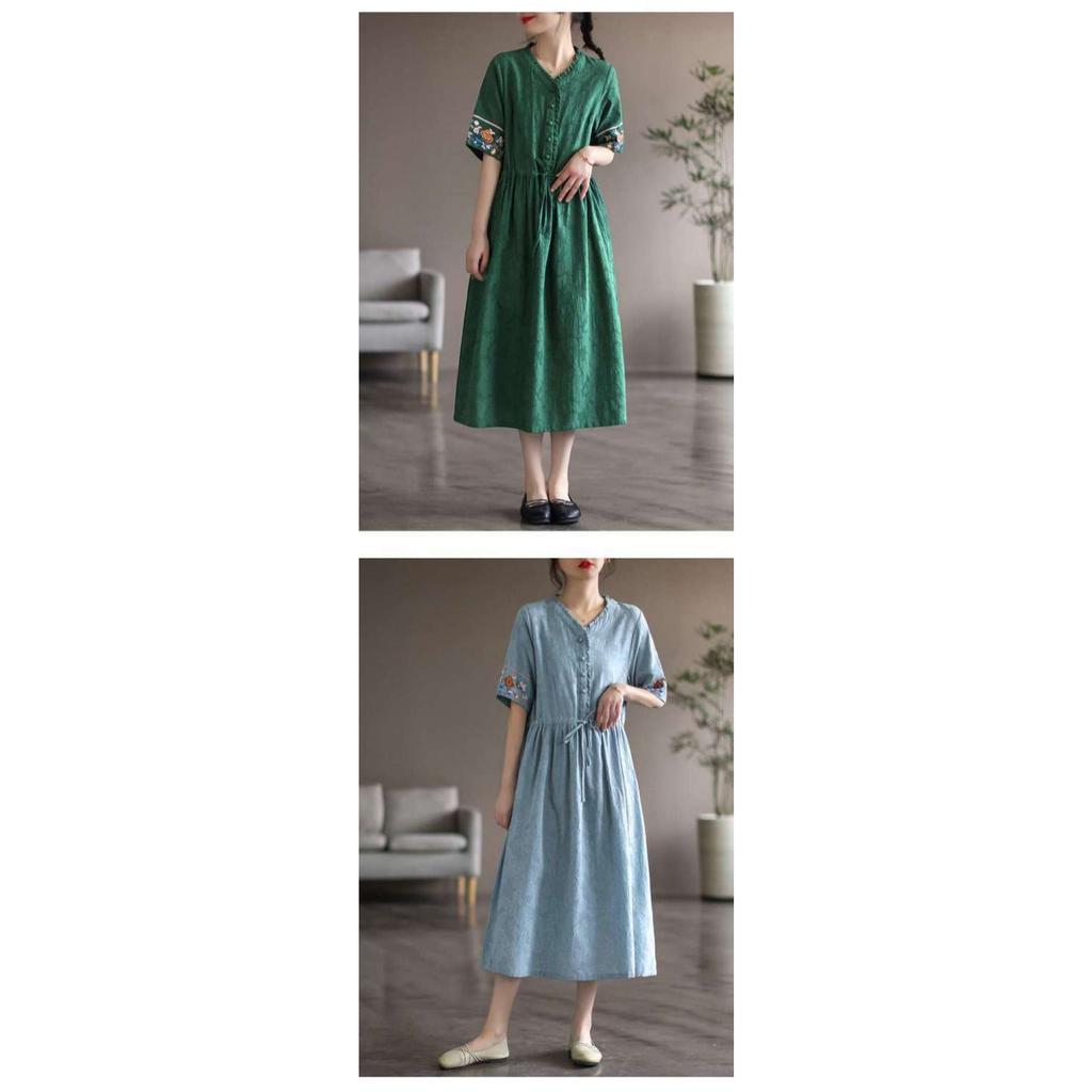 2025 Summer Washed Cotton Dress - Embroidered Midi Dress with Drawstring, Slim Fit Short Sleeve Linen Blend Dress, Boho Chic Casual Women's Outfit