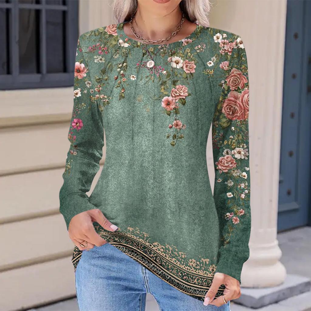 Women's Fashionable Casual Floral Retro Print Pleated Comfortable Round Neck Loose Long Sleeve T-shirt Top