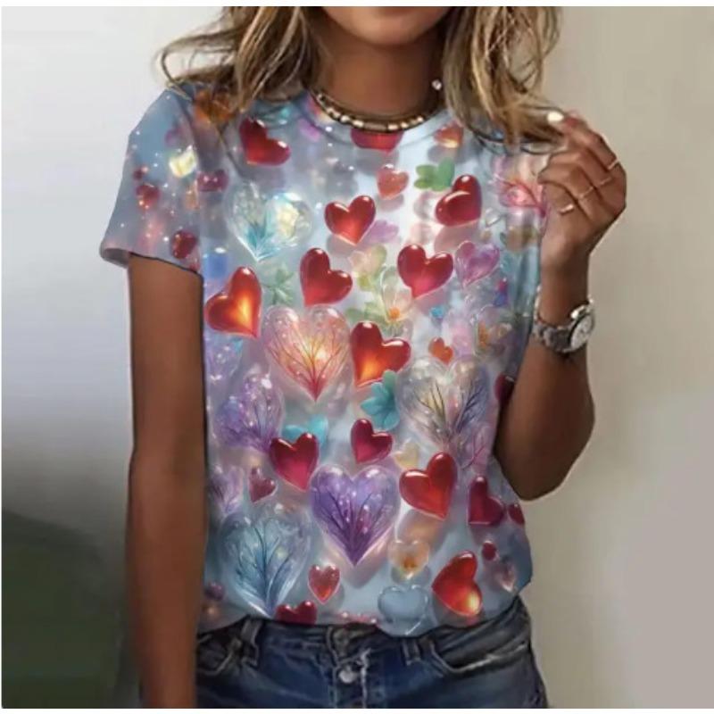 Summer New Women's Loose Shirt, Water Drop Pattern Printing Round Neck Short Sleeves