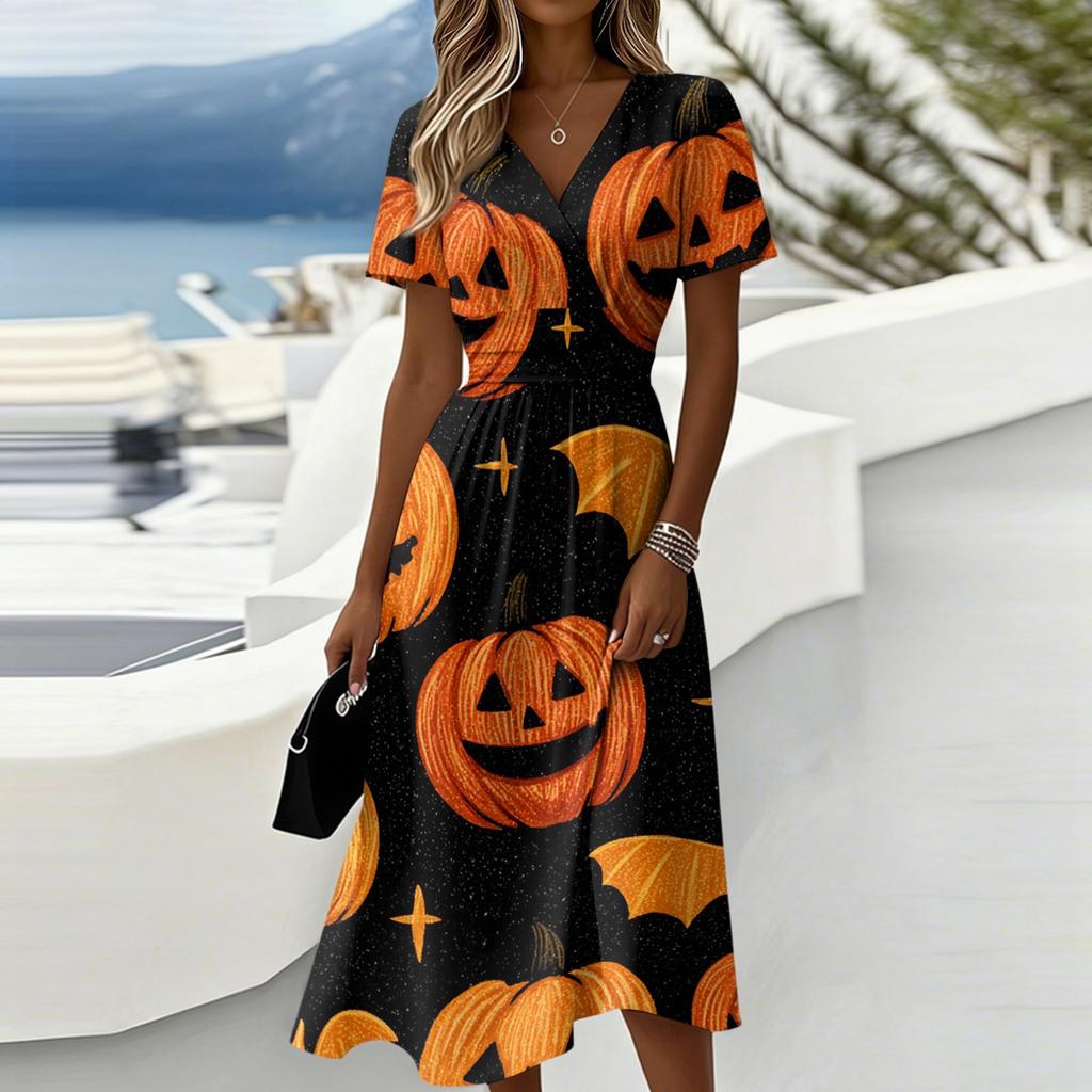 Women Halloween Pumpkin Print Maxi Dress Short Sleeve V Neck Elastic High Waist A Line Chiffon Midi Dress
