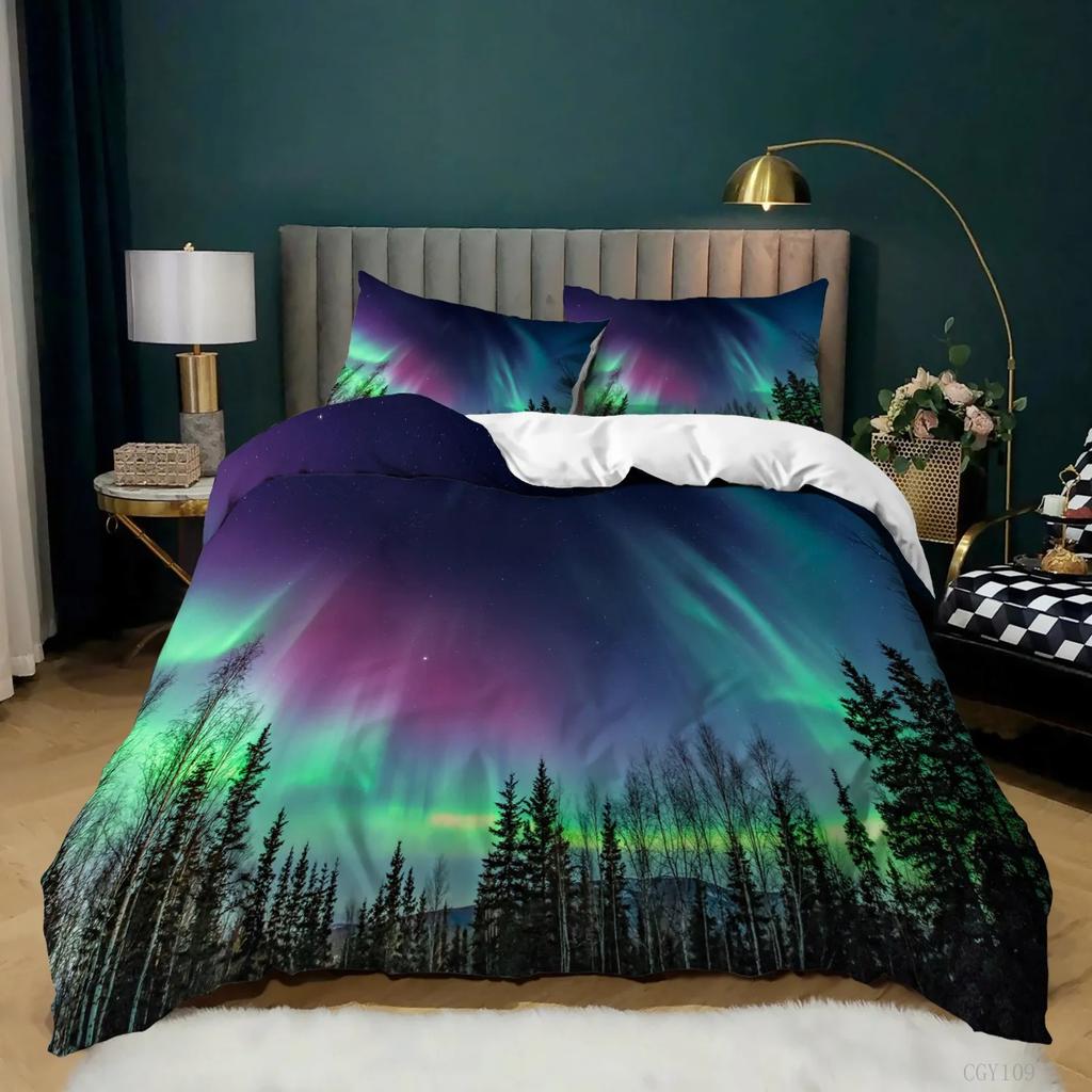 3D Print Aurora Borealis Polyester Duvet Cover Set Tree Under Magnetic Field Of Nature With Northern Lights Landscape Picture