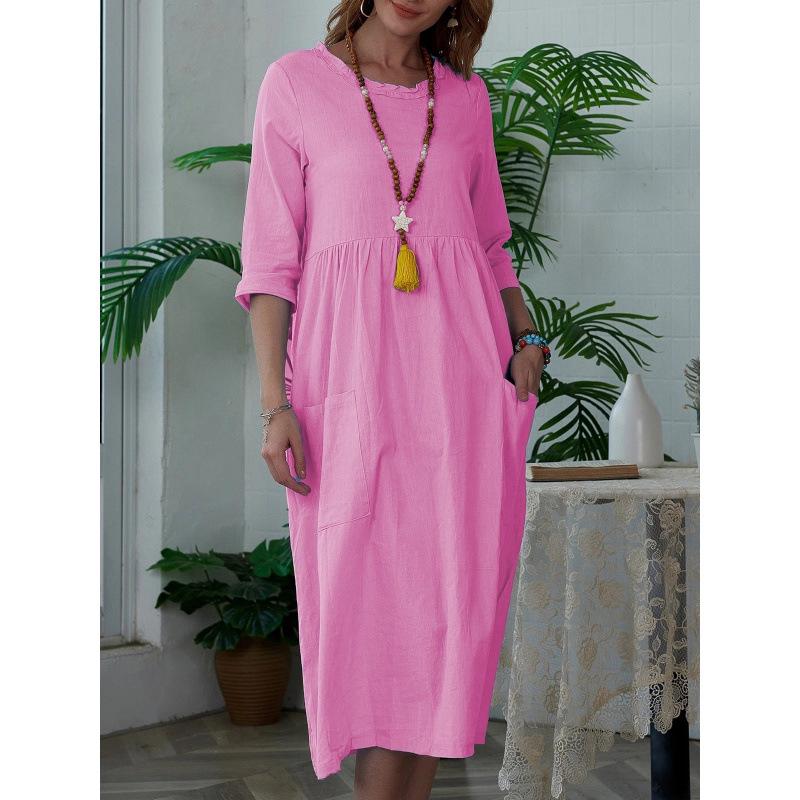 Elegant Women's Mid-Length Solid Color Dress with 3/4 Sleeves and Round Neck