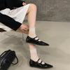 Downton Abbey~ 2025 new square head engraved one-word buckle with round thick heel Mary Jane shoes women's single shoes