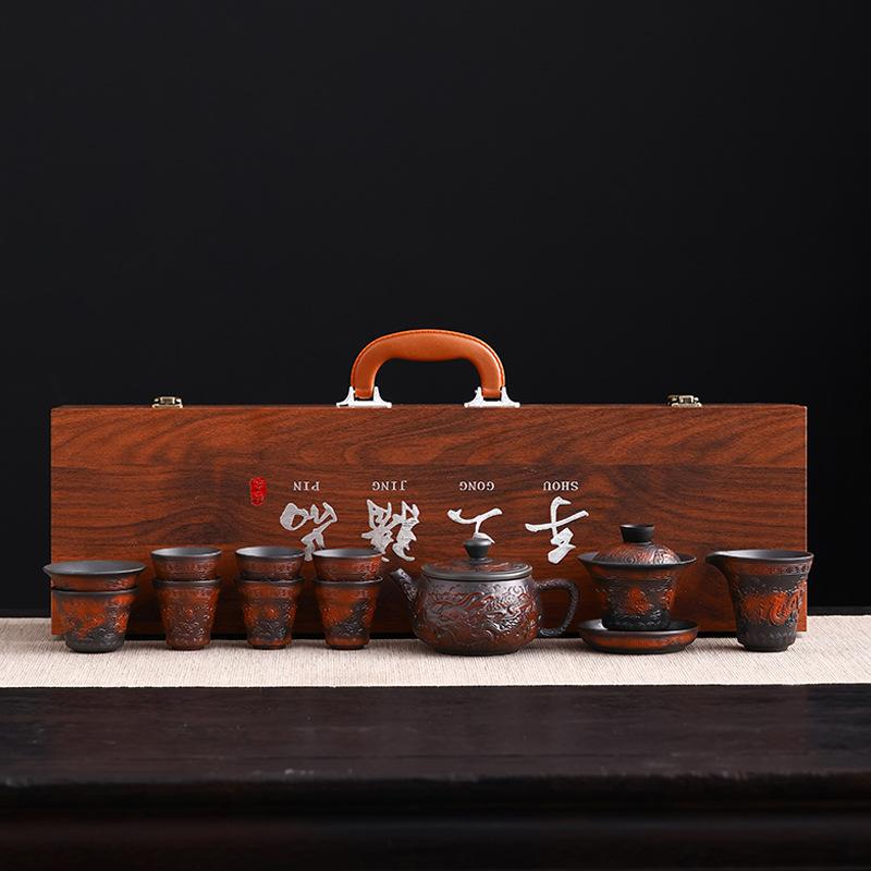 Embossed purple pottery kung fu tea set, gifts for leading customers, high-end gifts for business companies