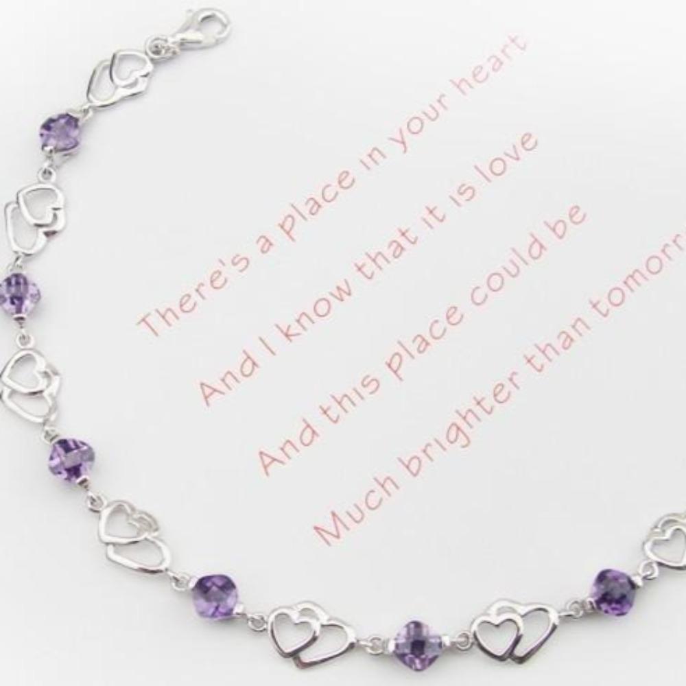 Double Heart Amethyst Bracelet Silver Plated Jewelry Elegant Wrist Accessory for Women