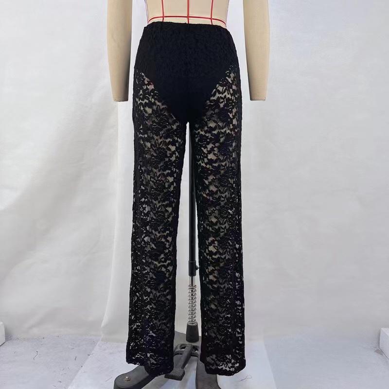 Sexy Damen Spitzenhose Transparent Gothic Hohe Taille Weites Bein Schlaghose Damen Schlaghose Club Streetwear