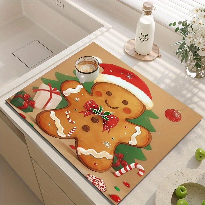 Christmas Gingerbread Design Dish Drying Mat Anti-Slip Kitchen Countertop Pad Absorbent Kitchen Pad for Dishes Coffee Mugs
