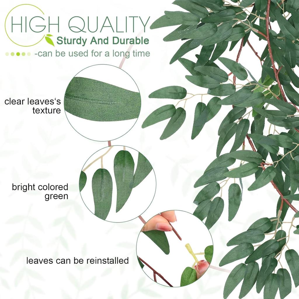 Janinka 5 Pack 6 ft Artificial Willow Leaves Garland Hanging Greenery Vine Twigs Italian Ruscus Fake Plant Faux Silk Ivy Wedding Garland for Home