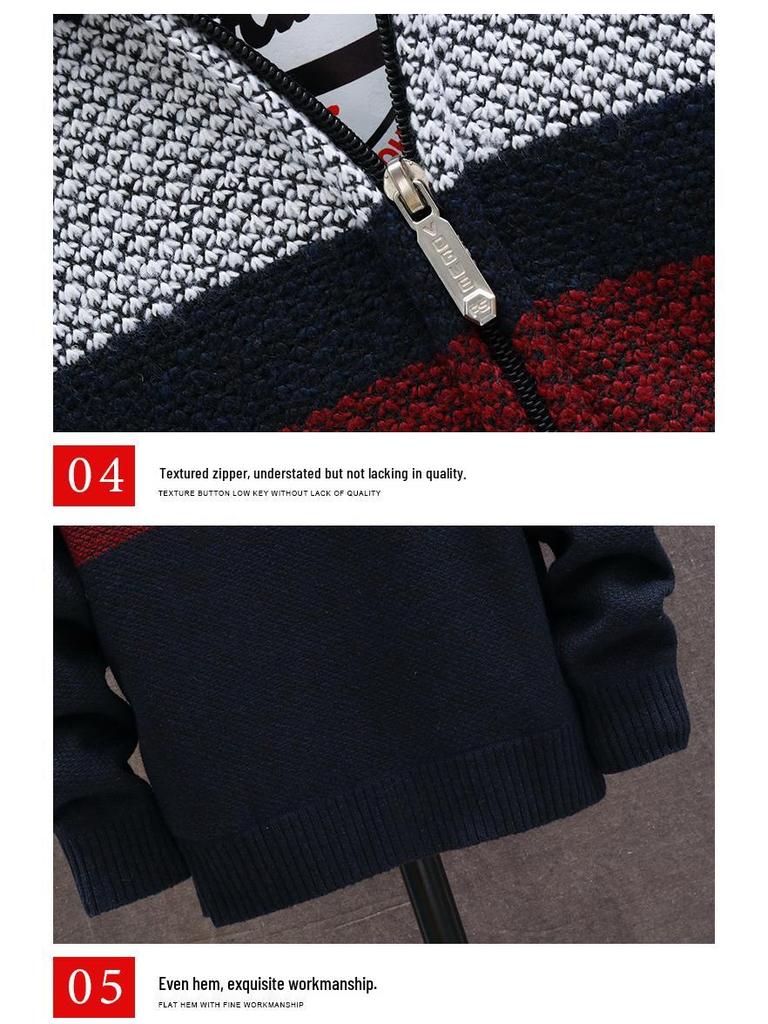 2024 Men's Colorblock Hooded Cardigan: Plus Velvet, Slim Fit, Trendy Plus Size Coat