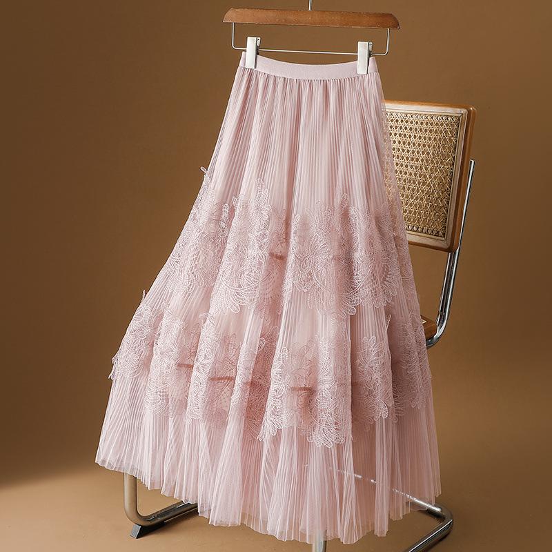 

Корейский Сладкий Летний Однотонный Женский Наряд Эластичная Талия Газ Кружево Модный Универсальный С Завышенной Талией Средней Длины A-силуэта Юбки XS розовый