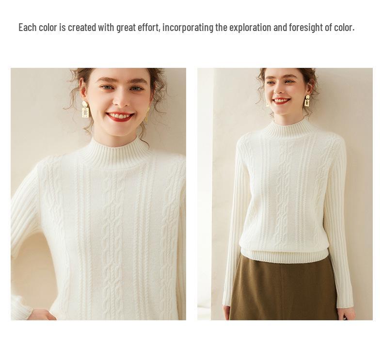 2024 Autumn/Winter Women's Retro Cable Knit Half-High Neck Cashmere Loose Pullover Sweater - Simple Solid Color Base Layer