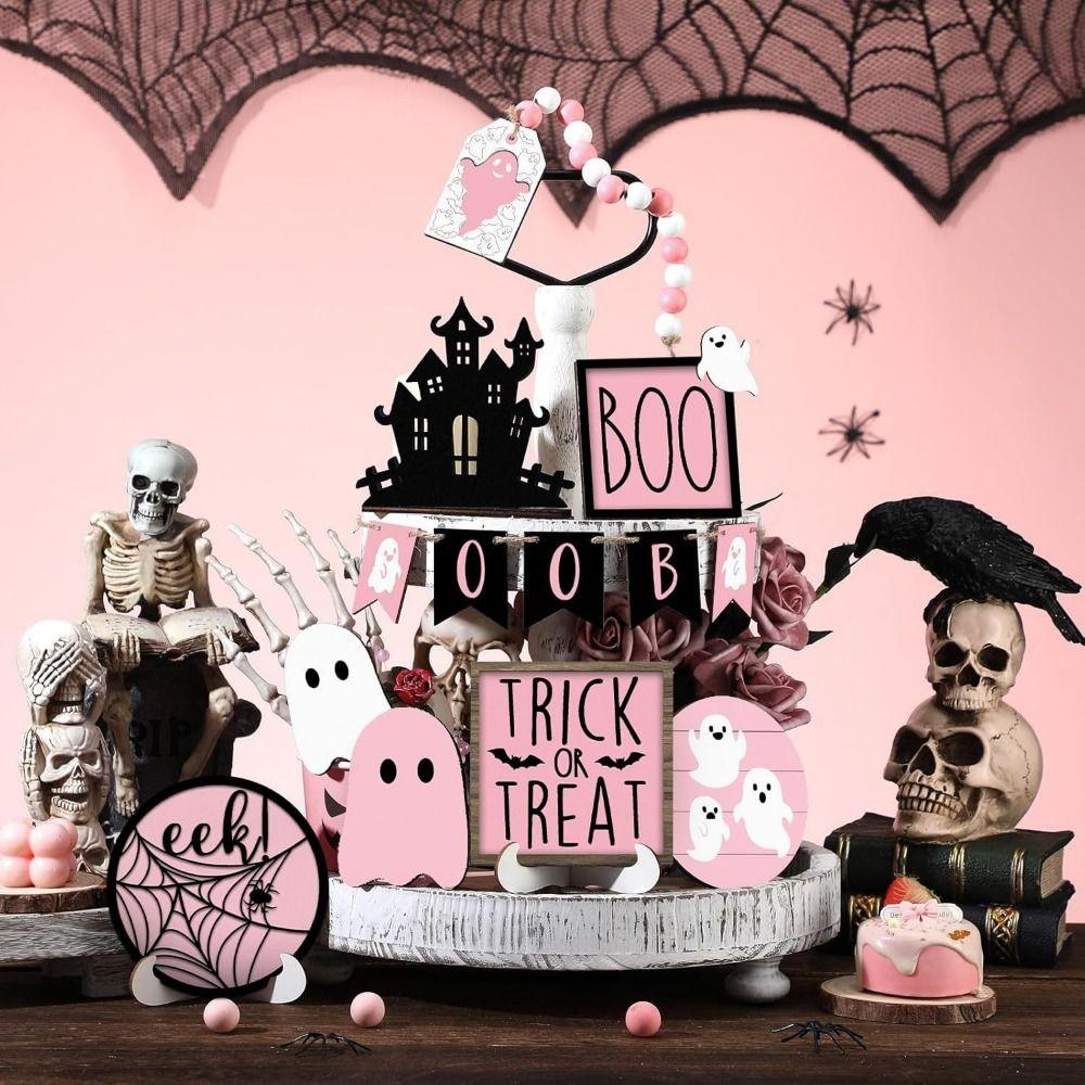 13pcs Pumpkin Cute Ghost Tray Decor Wooden Signs Ornaments Halloween Desk Decoration  Tabletop