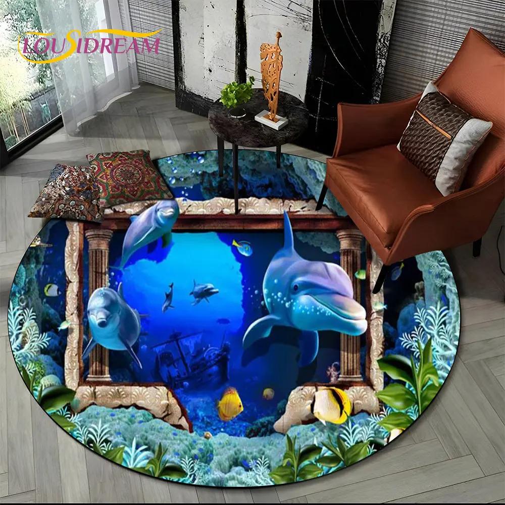 3D Seabed Illusion Underwater World Dolphin Round Area Rug,Carpet for Living Room Bedroom Sofa Playroom Decor,Non-slip Floor Mat
