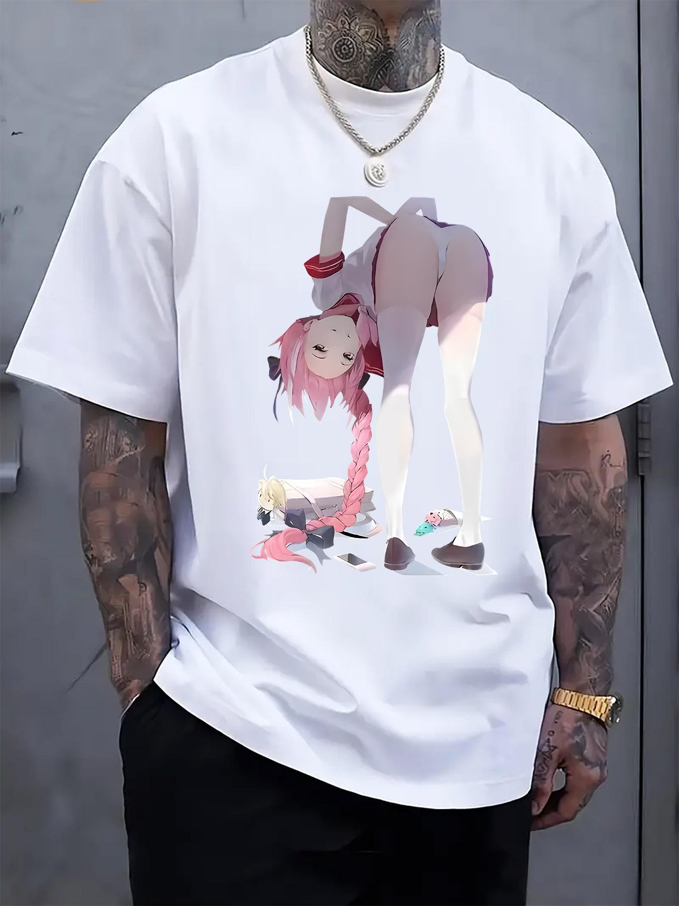 Anime Girl Graphic Print Short Sleeve T-shirt - Black Casual Summer Tee with Vibrant Pink Hair Character Design S
