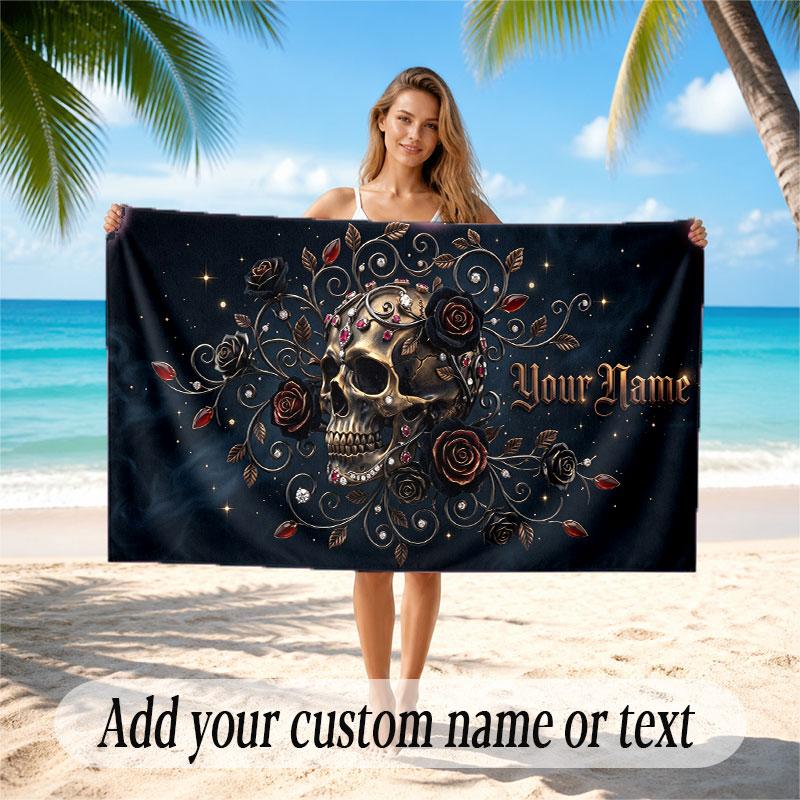 Skull Gothic Theme Beach Towel Personalized Custom Name & Text Soft Quick Dry Beach Towel for Swimming Travel