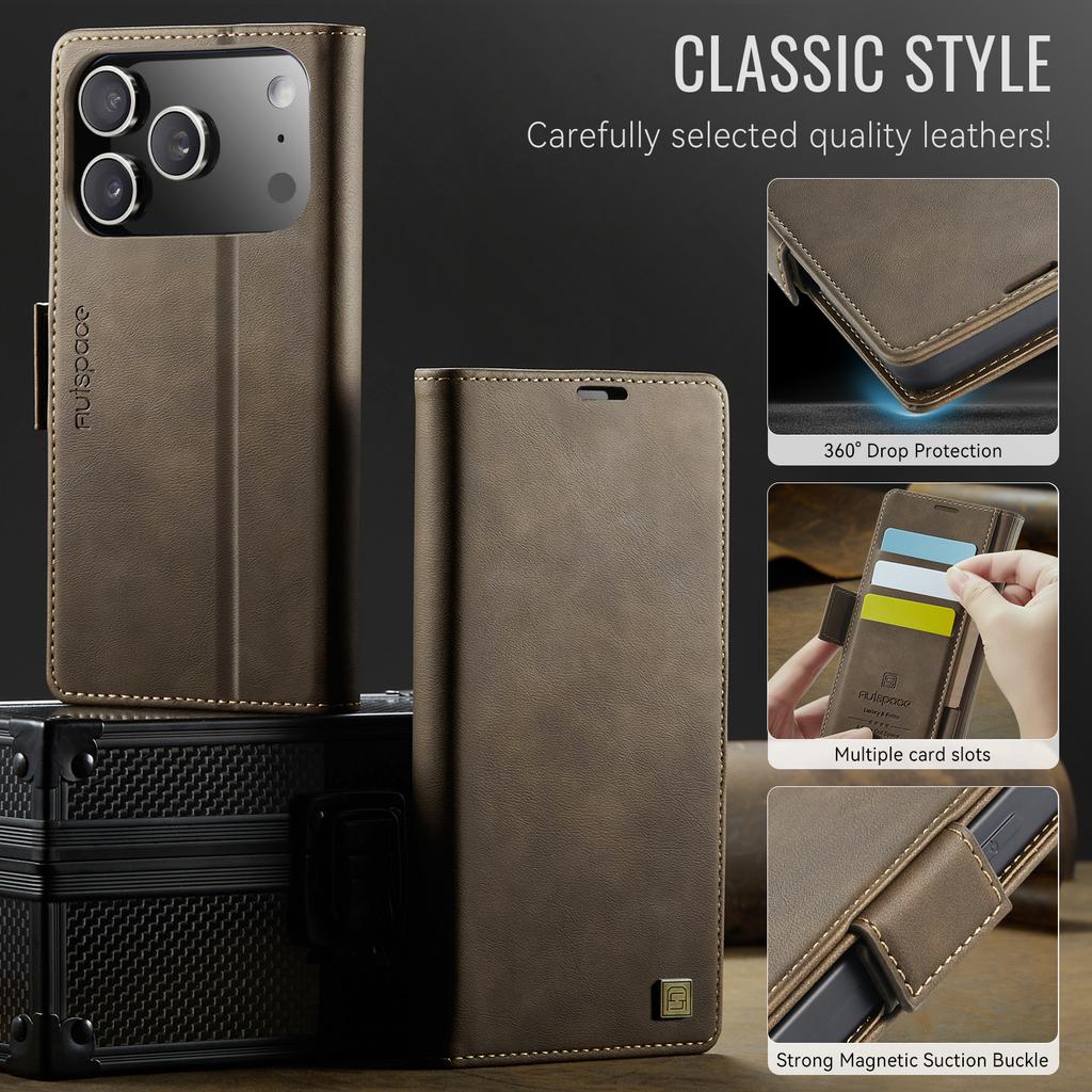 Dla iPhone 17 /17 Pro / 17 Pro Max / 17 Air. Etui portfelowe z przegródkami na karty i podpórką, skórzane etui z ochroną 360°