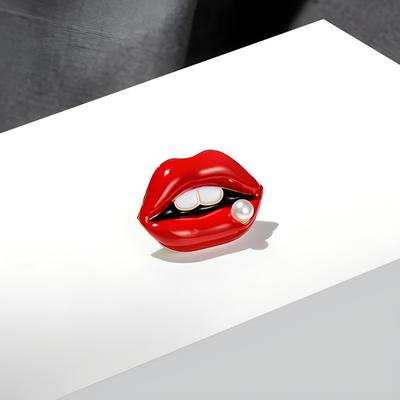 Flame Red Lip Brooch, Women's Fixed Dress, Brooch, Pearl Brooch, Anti-glare Collar Pin