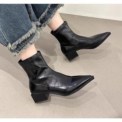Nowe Damskie Botki na Kostkę ze Szpiczastym Noskiem Modne Botki na Grubym Obcasie Wyszczuplające Jesień Zima Miękka Skóra Damskie Buty