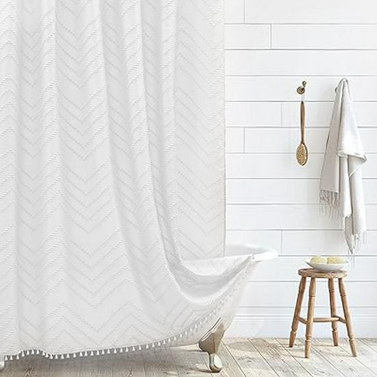 Cortina de Chuveiro Boho Impermeável com Recortes Espessada, Cor Sólida, Qualidade de Hotel