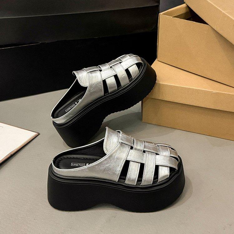 Thick bottom heightening bag head half slippers women's summer wear 2025 new summer fashion hollow muffin beach cool slippers