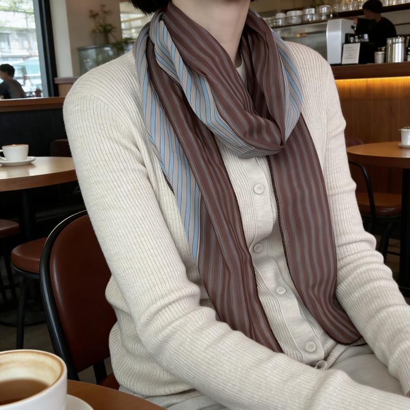 Women Silk Scarf Vintage Elegant Striped Double Sided Print Neck Wrap for Professional Occasions