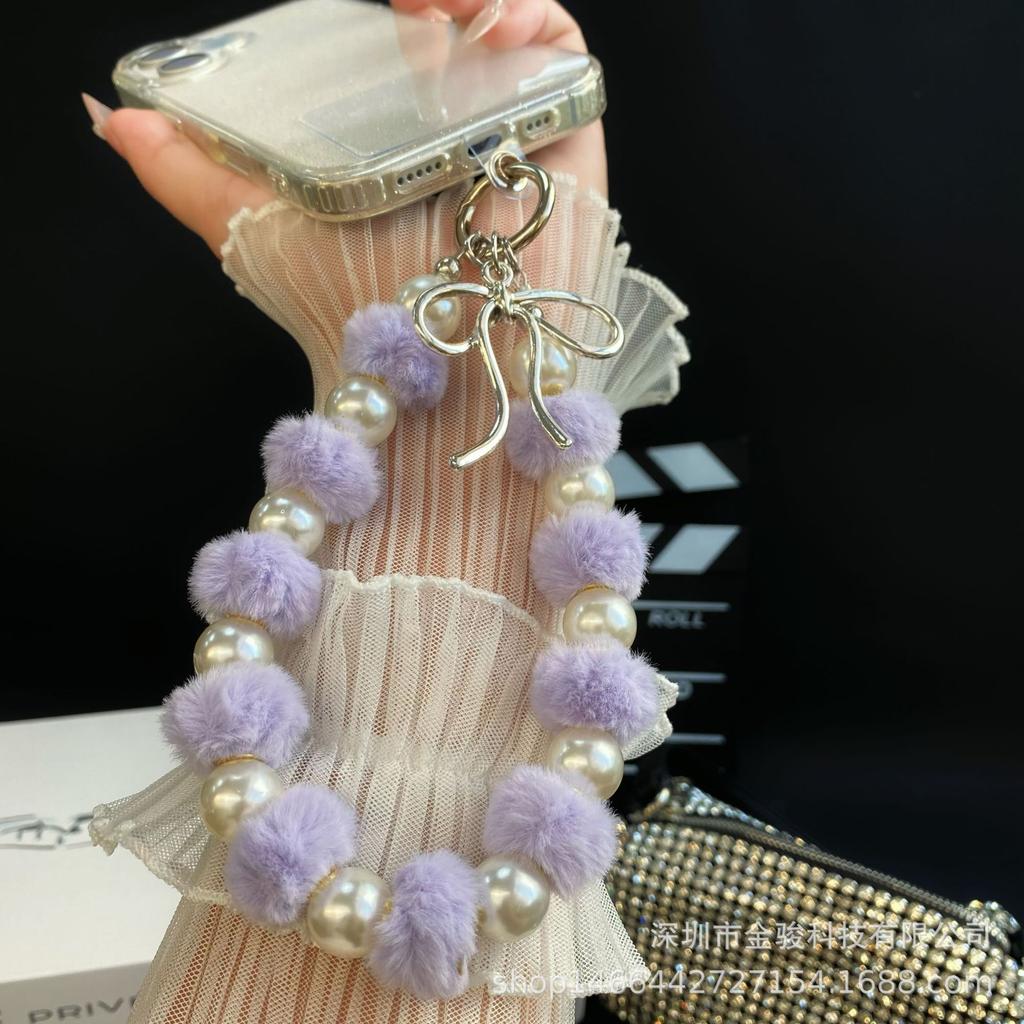 Autumn and Winter Plush Pearl Bracelet with 3D Bow Pendant, Phone Chain, Lanyard, Bag Charm, Keychain
