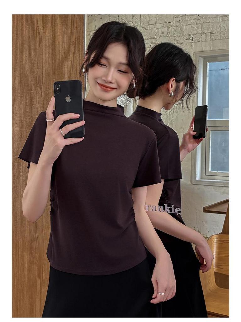 YB536# Women's Minimalist Half High Neck Slimming Solid Color Short Sleeve Shirt