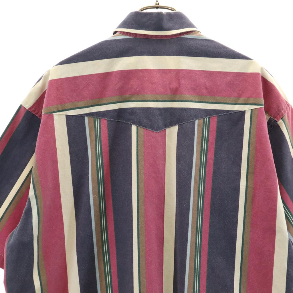 Wrangler 90s Old Striped Pattern Short sleeve shirt 17 Navy Men's Used