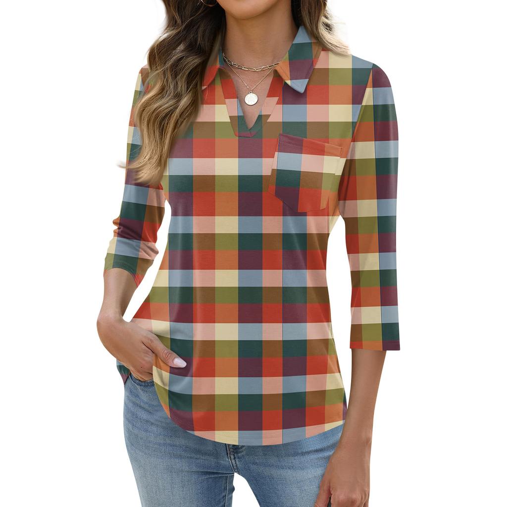 Women's Fashion Casual Lapel Short 3/4 Sleeve Print Shirt Women's Up Tops