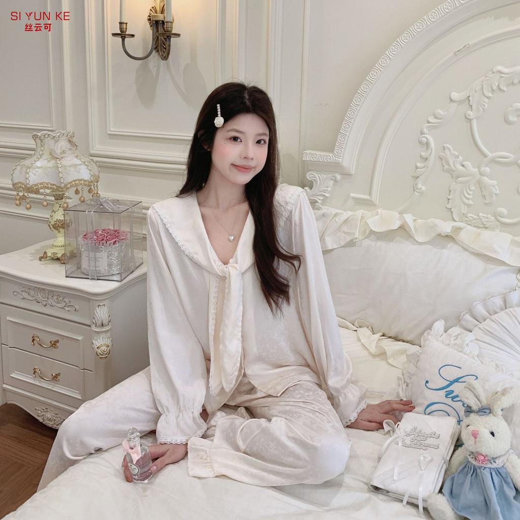 New Ice Silk Pajamas Women's Long-sleeved Court Style French Sweet Loungewear Suit Can Be Worn Outside High-end Spring and Autumn Styles