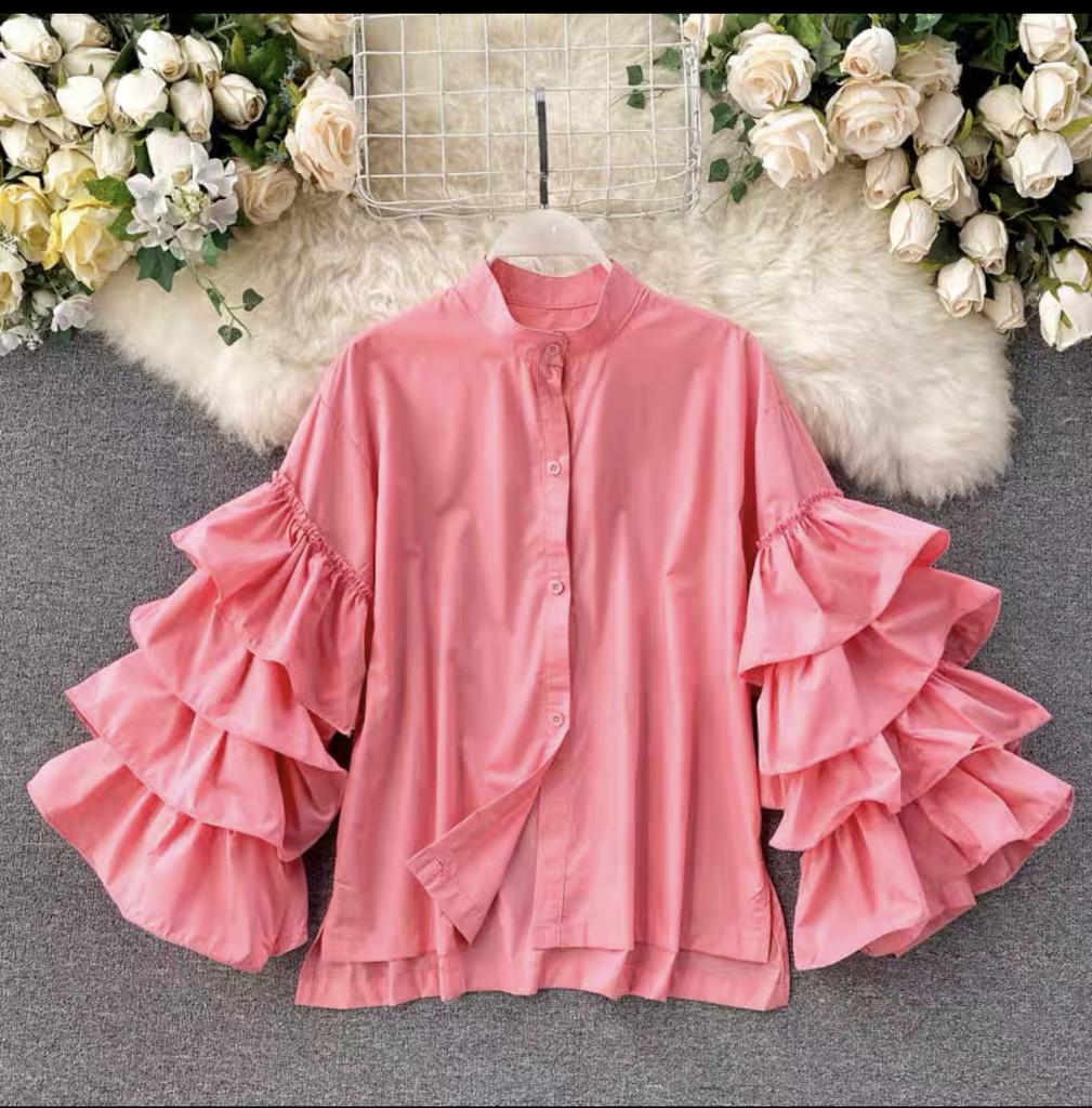 Stylish Shirt Women's Layered Ruffled Flared Sleeve Shirts Loose Stand-up Collar Tops