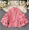Stylish Shirt Women's Layered Ruffled Flared Sleeve Shirts Loose Stand-up Collar Tops