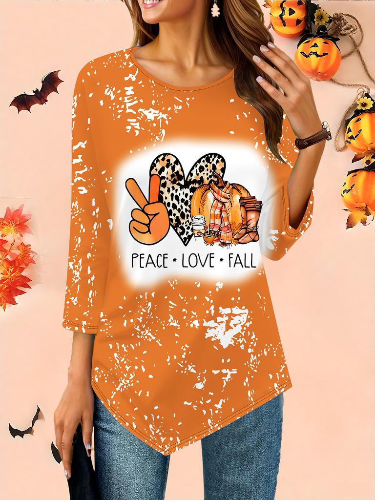Women's Loose Round Neck Three Quarter Sleeve Tee 3D Halloween Pattern Ideal Halloween and Christmas Gift