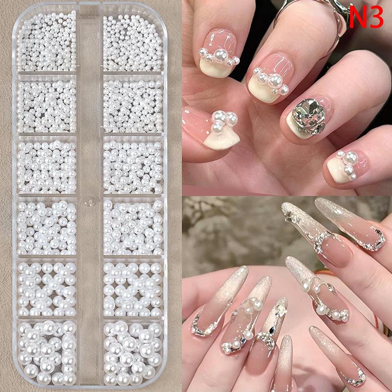 12Grids 3D Mixed White Pearls Nail Charms 0.15-0.5Mm Round/Semicircle Pearl Beads Nail Art Rhinestones Diy Manicure Accessories