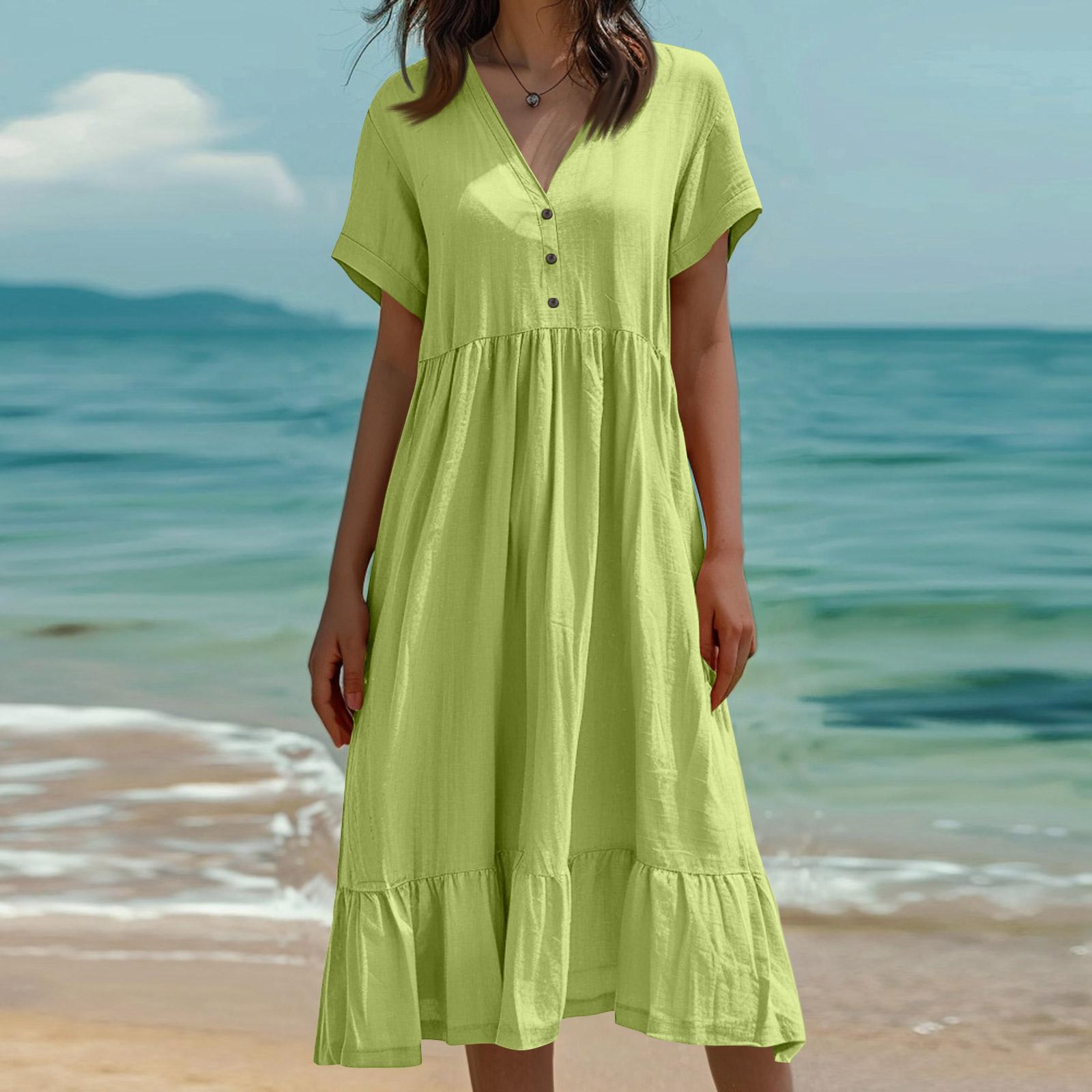 

Omen s Fashion Color Short Sleeve Cotton Linen Patchwork Pleat Dress S
